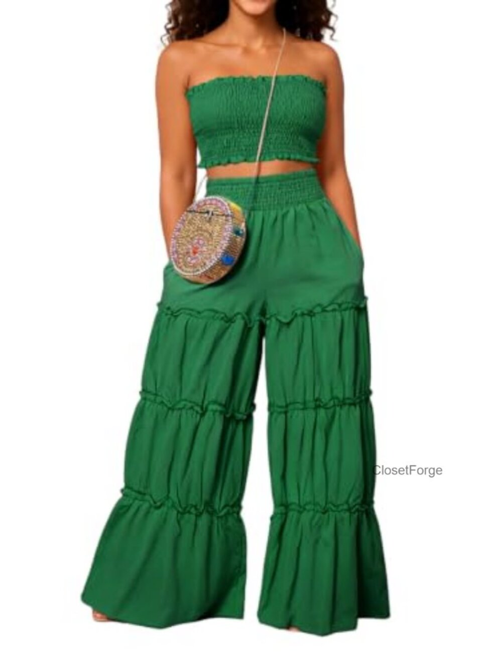 Women's Two Piece Set Strapless Smocked Top Wide Leg Pants Polyester Spandex